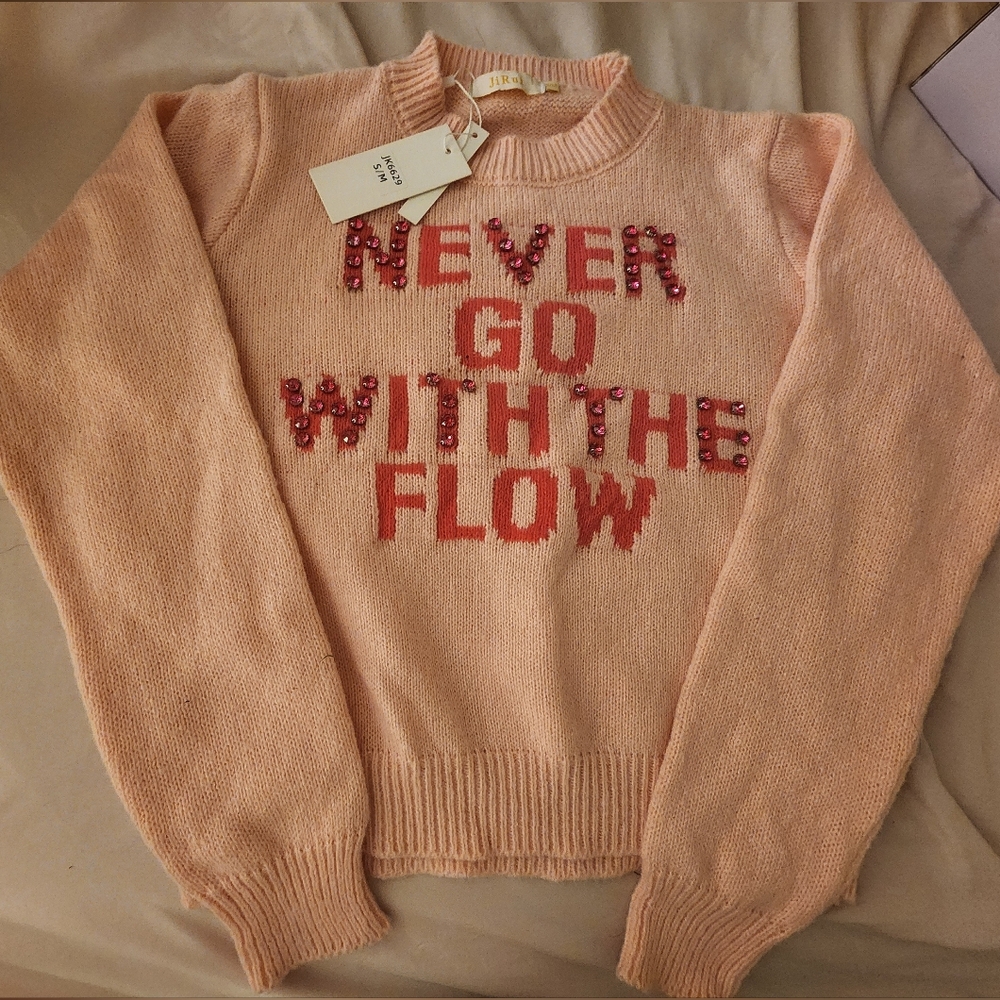 Women’s Pink Embellished Knit Sweater - Floral Slogan